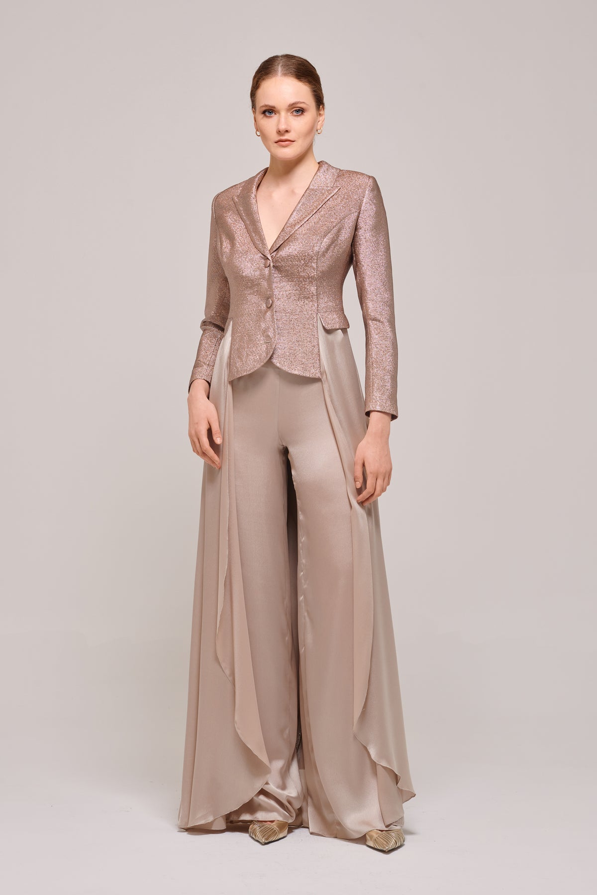 Two-Tone Silk Satin and Jacquard Blazer with Trousers