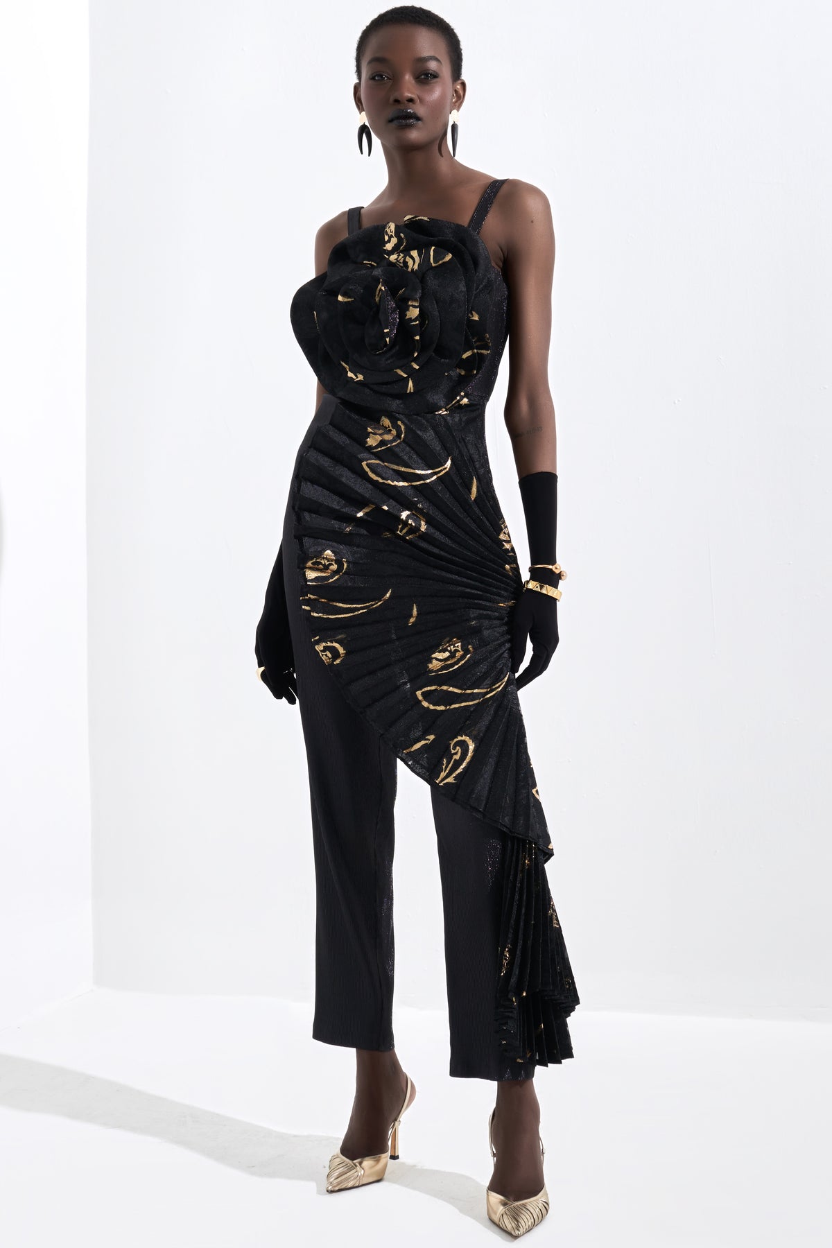 Rose Detailed Metallic Jacquard Jumpsuit