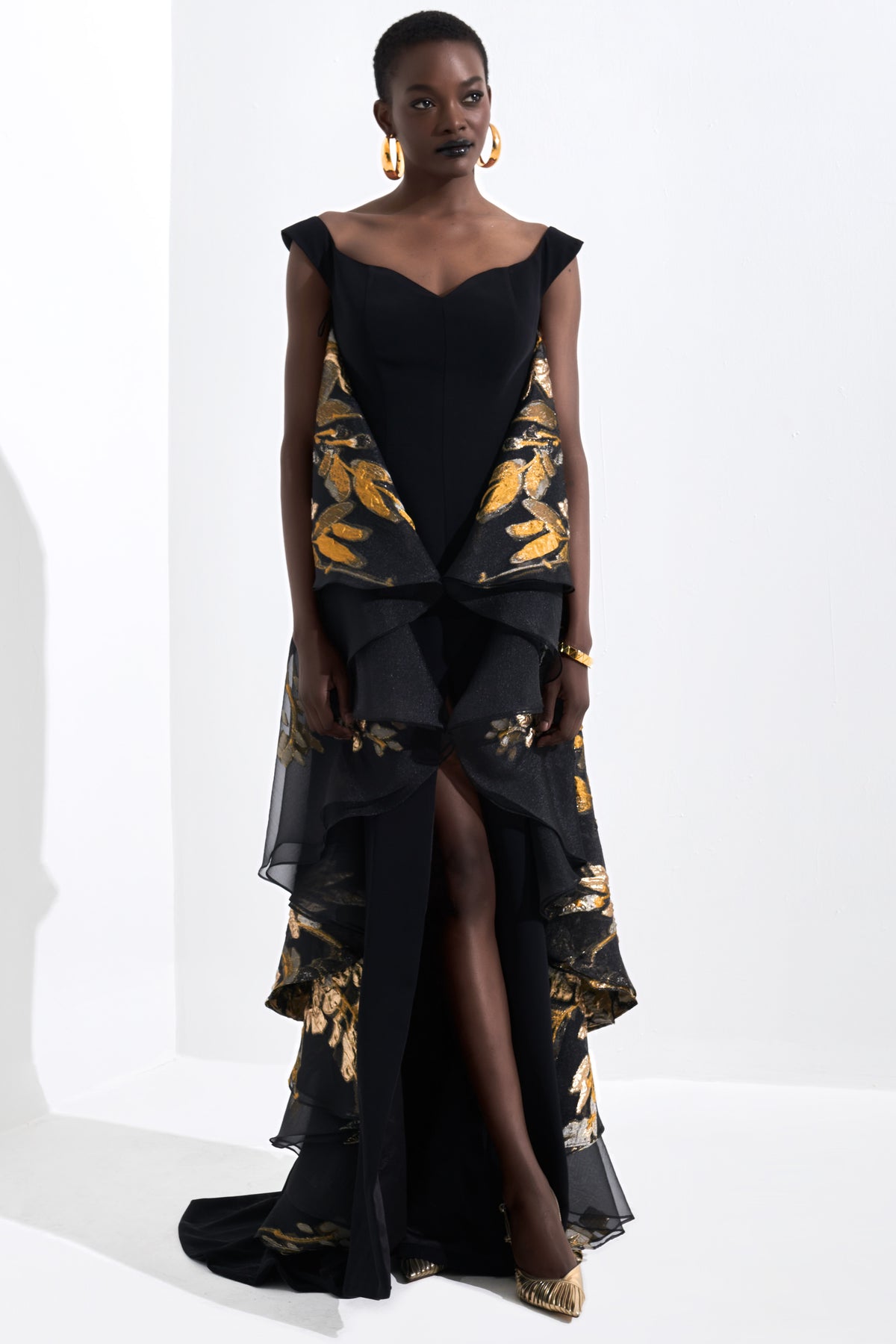 Ruffled Organza Floral Jacquard Gown