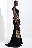 Ruffled Organza Floral Jacquard Gown