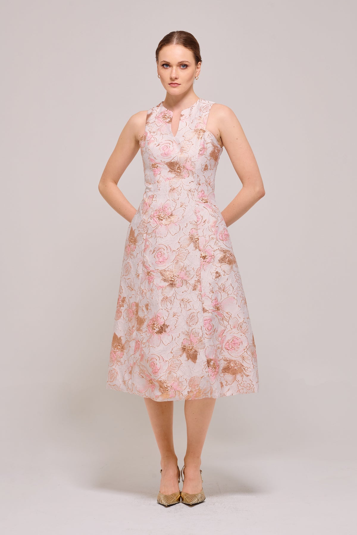 Pink Floral Jacquard Sleeveless Midi Dress White Pink Floral Jacquard Sleeveless Midi Dress White