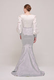 Long Sleeve Cream and Silver Mermaid Gown