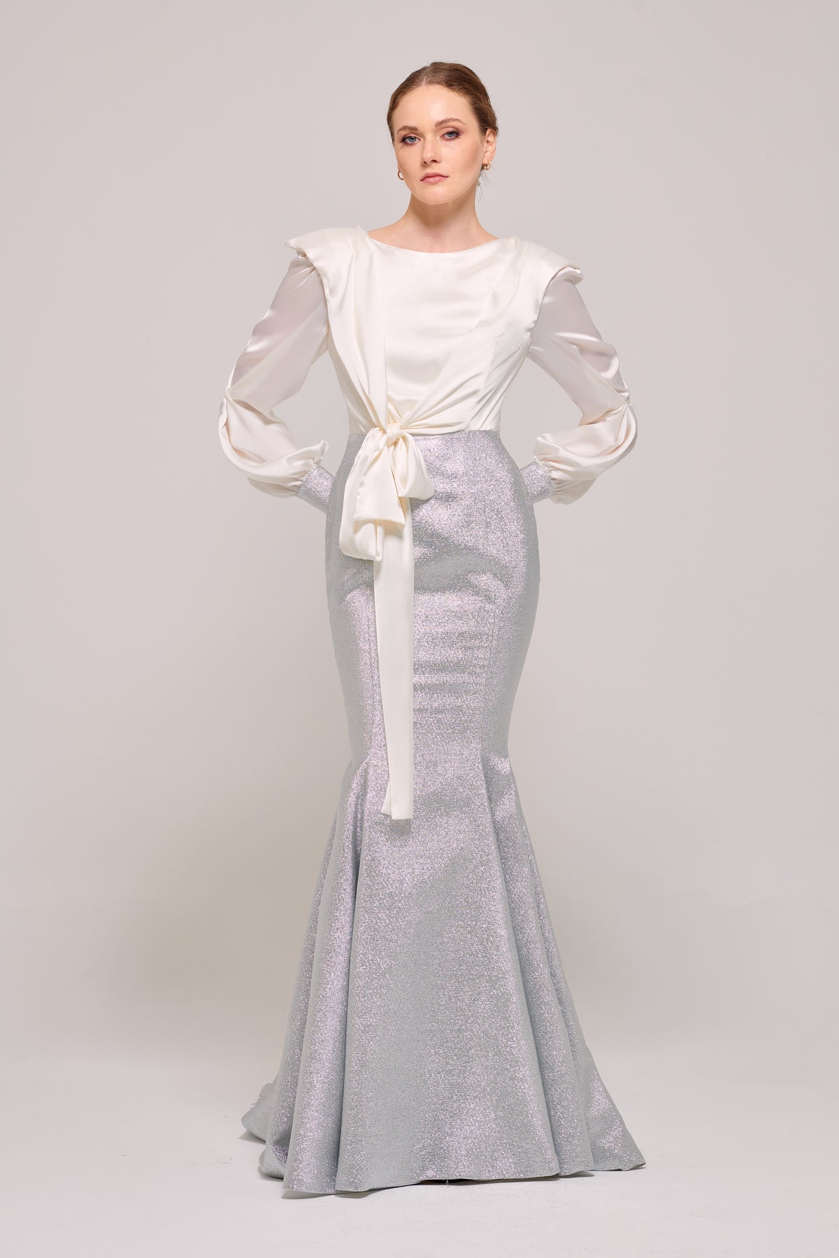 Long Sleeve Cream and Silver Mermaid Gown