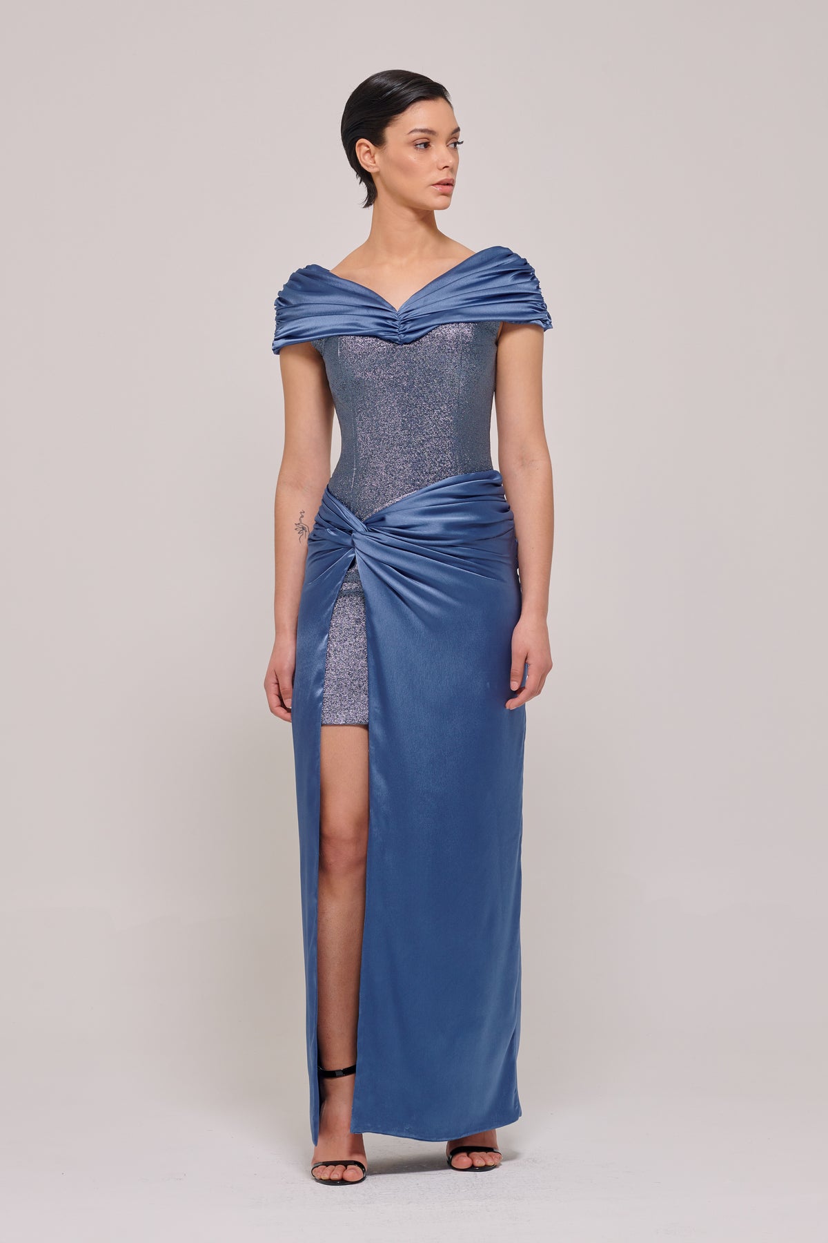 Draped Off The Shoulder Fluid Silk and Satin Dress