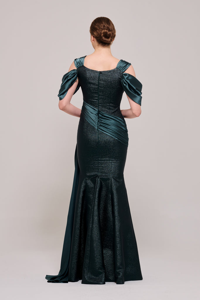 Cold-Shoulder Chiffon Empire Gown with Pockets Emerald