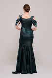 Cold Shoulder Draped Silk and Jacquard Emerald Gown