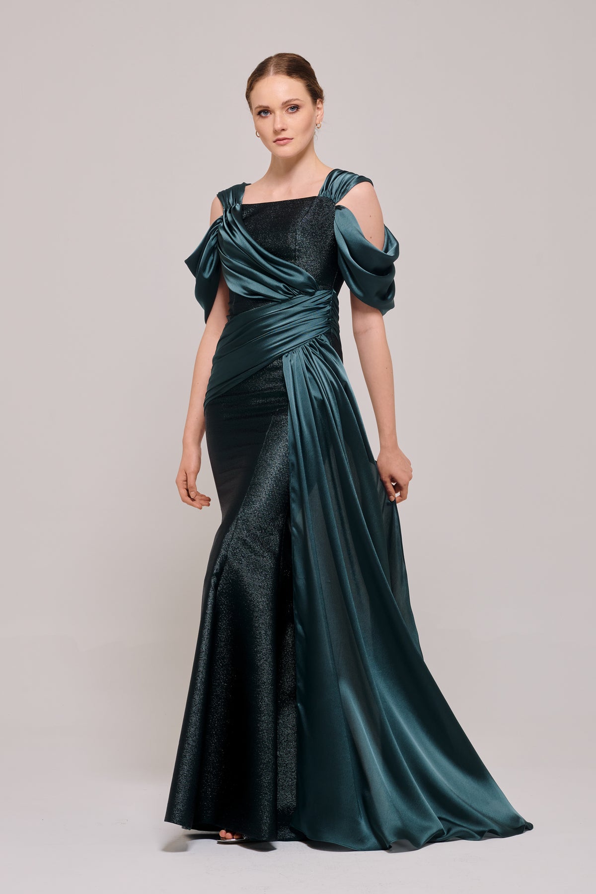 Cold Shoulder Draped Silk and Jacquard Emerald Gown