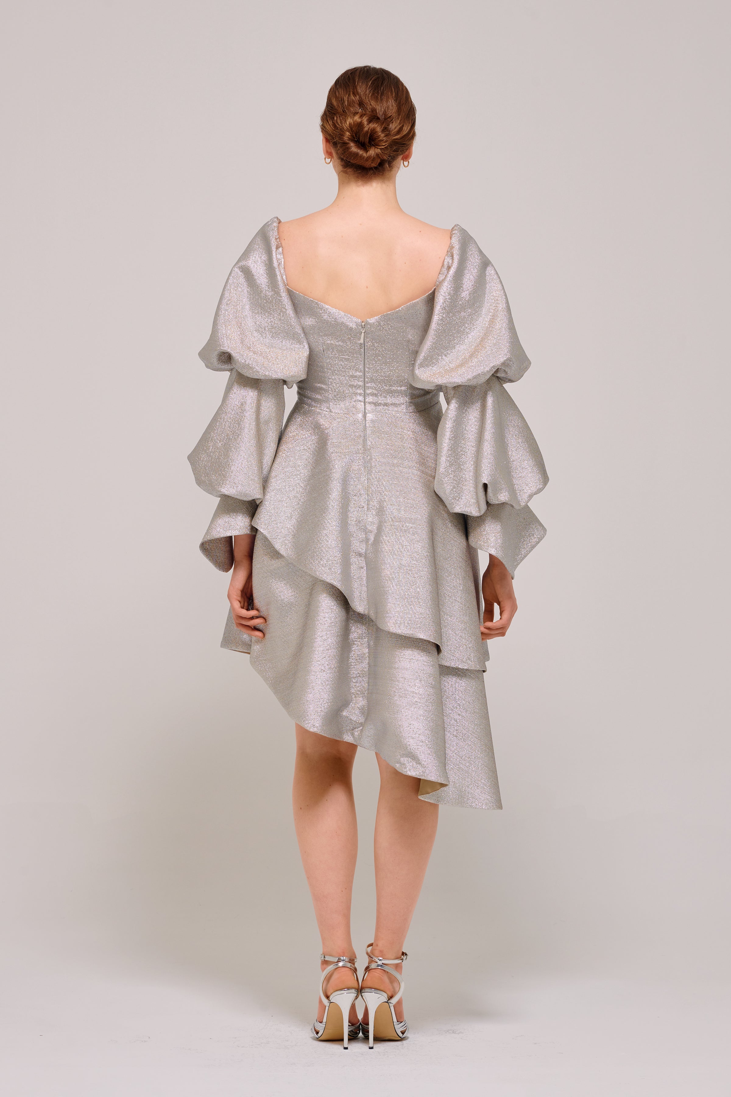 Long Puffy Sleeve Asymmetric Hem Detailed Gray Dress