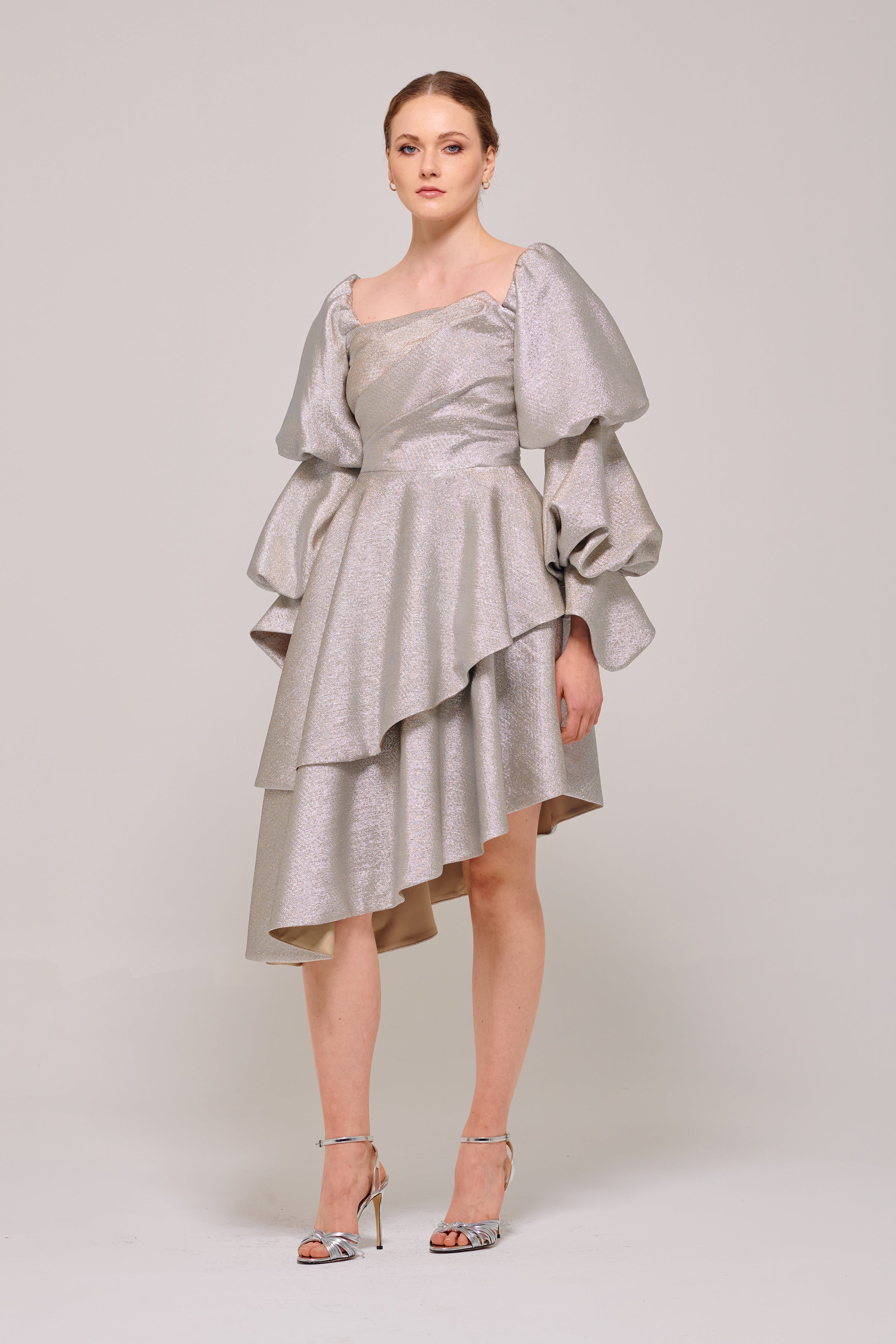 Long Puffy Sleeve Asymmetric Hem Detailed Gray Dress