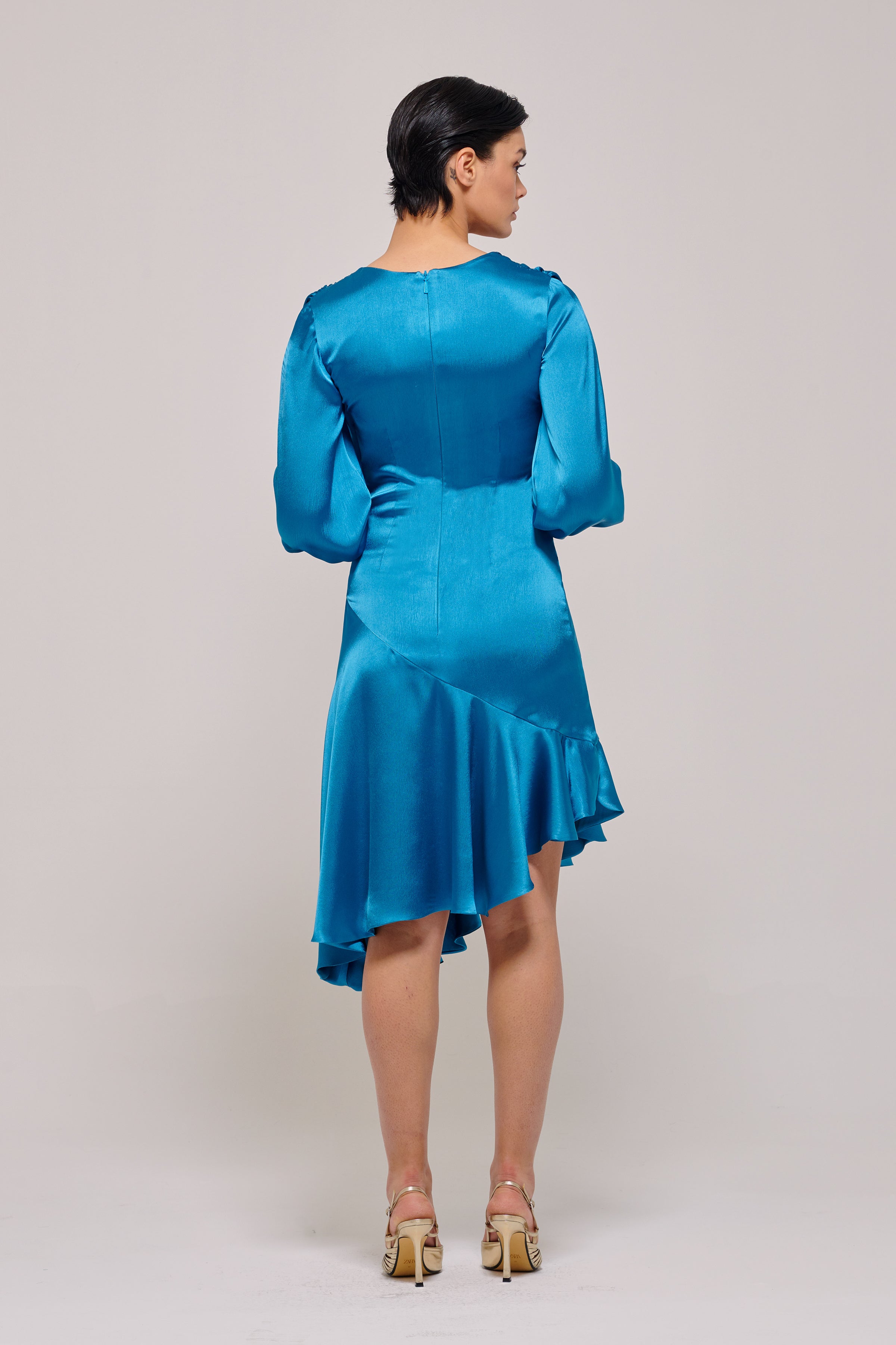 Wrap Effect Bodice Puffy Sleeve Silk-Satin Dress