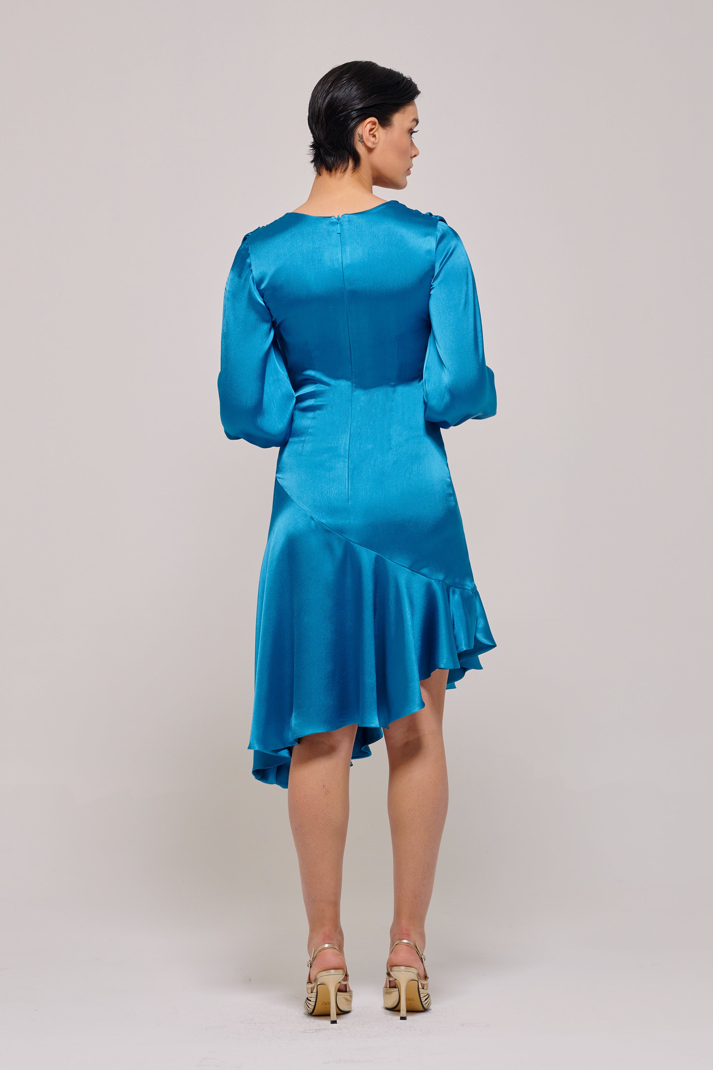Wrap Effect Bodice Puffy Sleeve Silk-Satin Dress Gold Wrap Effect Bodice Puffy Sleeve Silk-Satin Dress Gold