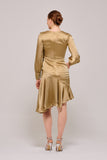 Wrap Effect Bodice Puffy Sleeve Silk-Satin Dress