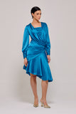 Wrap Effect Bodice Puffy Sleeve Silk-Satin Dress
