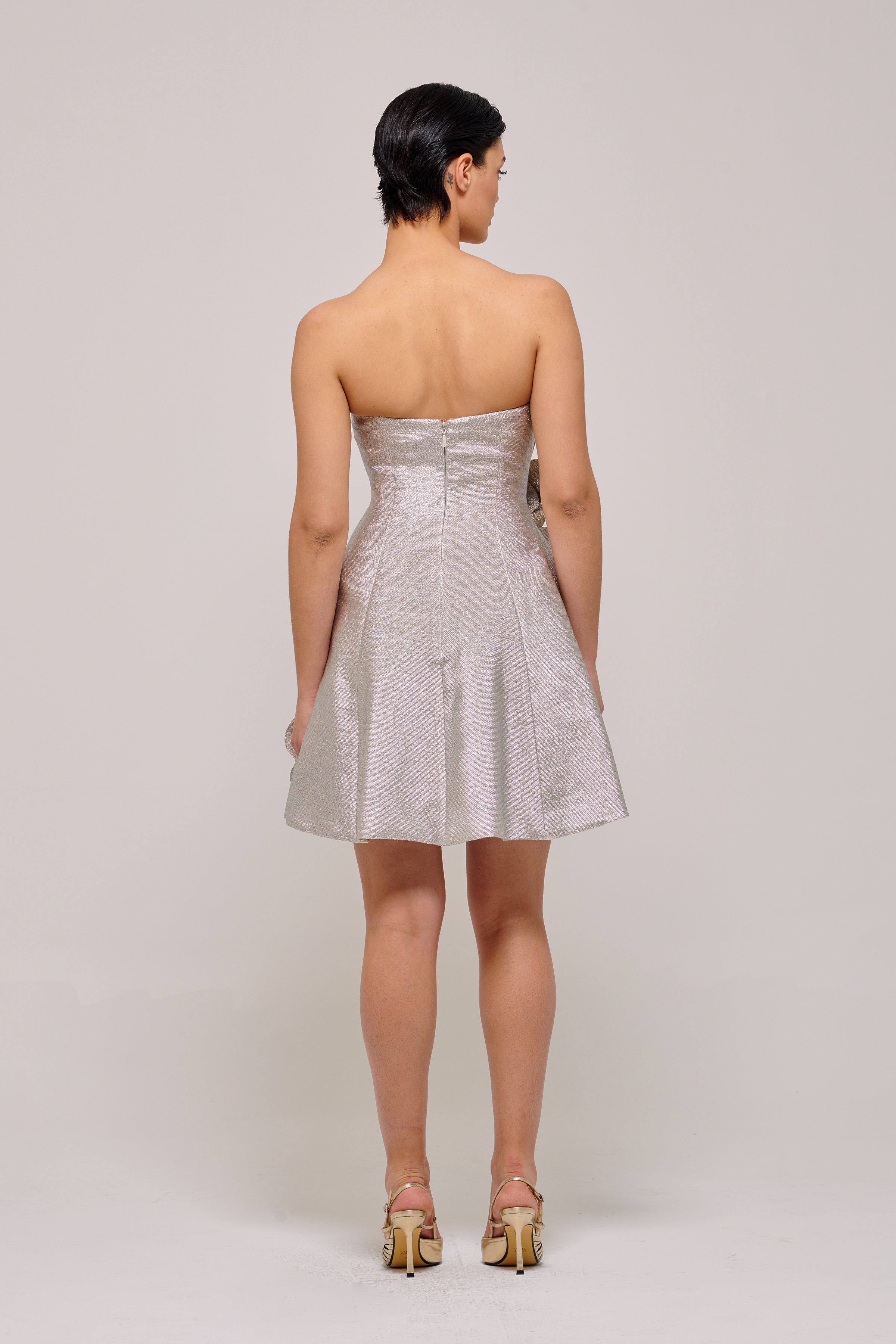 Strapless Gray Jacquard Midi Dress with Flowers John Paul Ataker