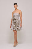 Strapless Gray Jacquard Midi Dress with Flowers