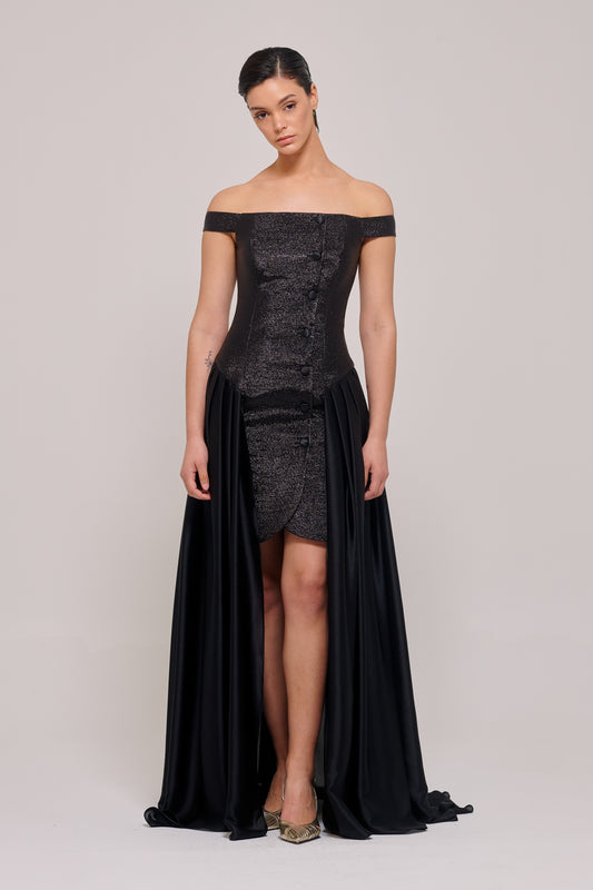 Mini Black Dress with Full Length Over Skirt