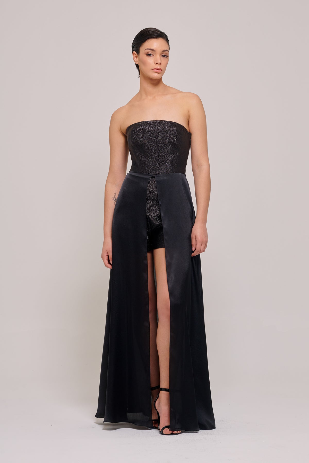 Mini Strapless Black Jumpsuit with Overskirt