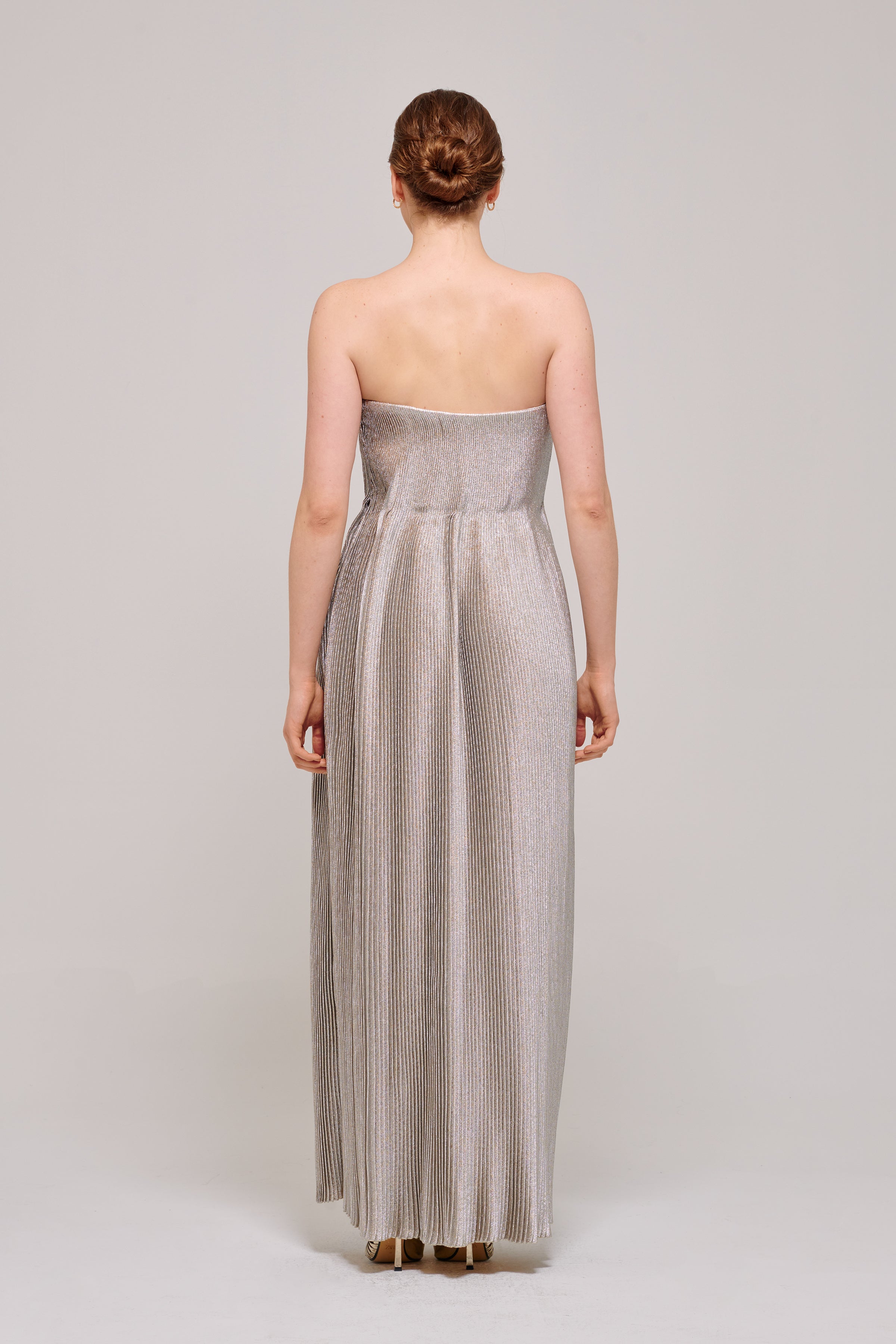 Strapless Gray Pleated Maxi Dress