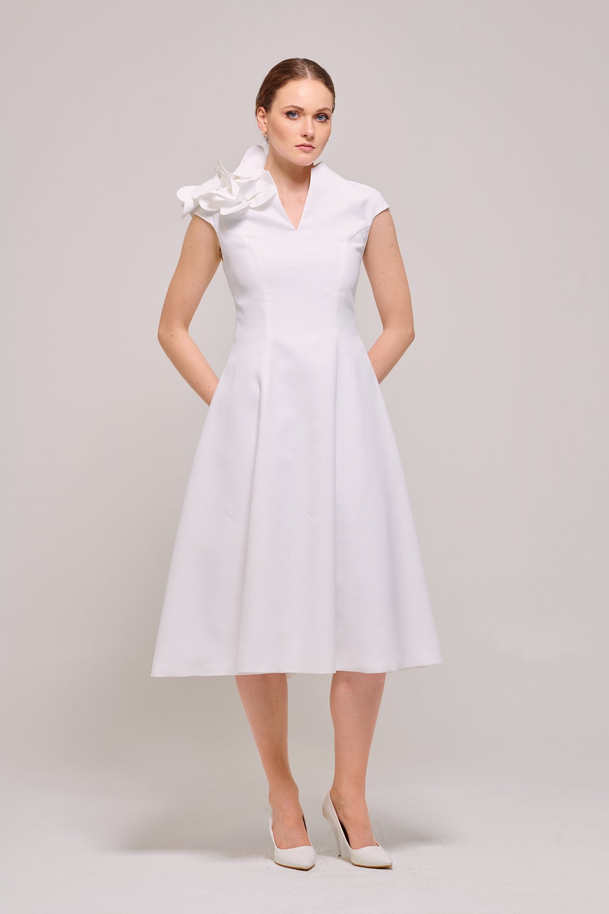 High Neck Detail White Midi Gown with Three-Dimensions Flowers