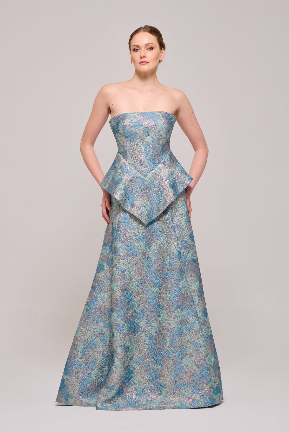 Asymmetric Peplum Detail Floral Embroidery Long Gown