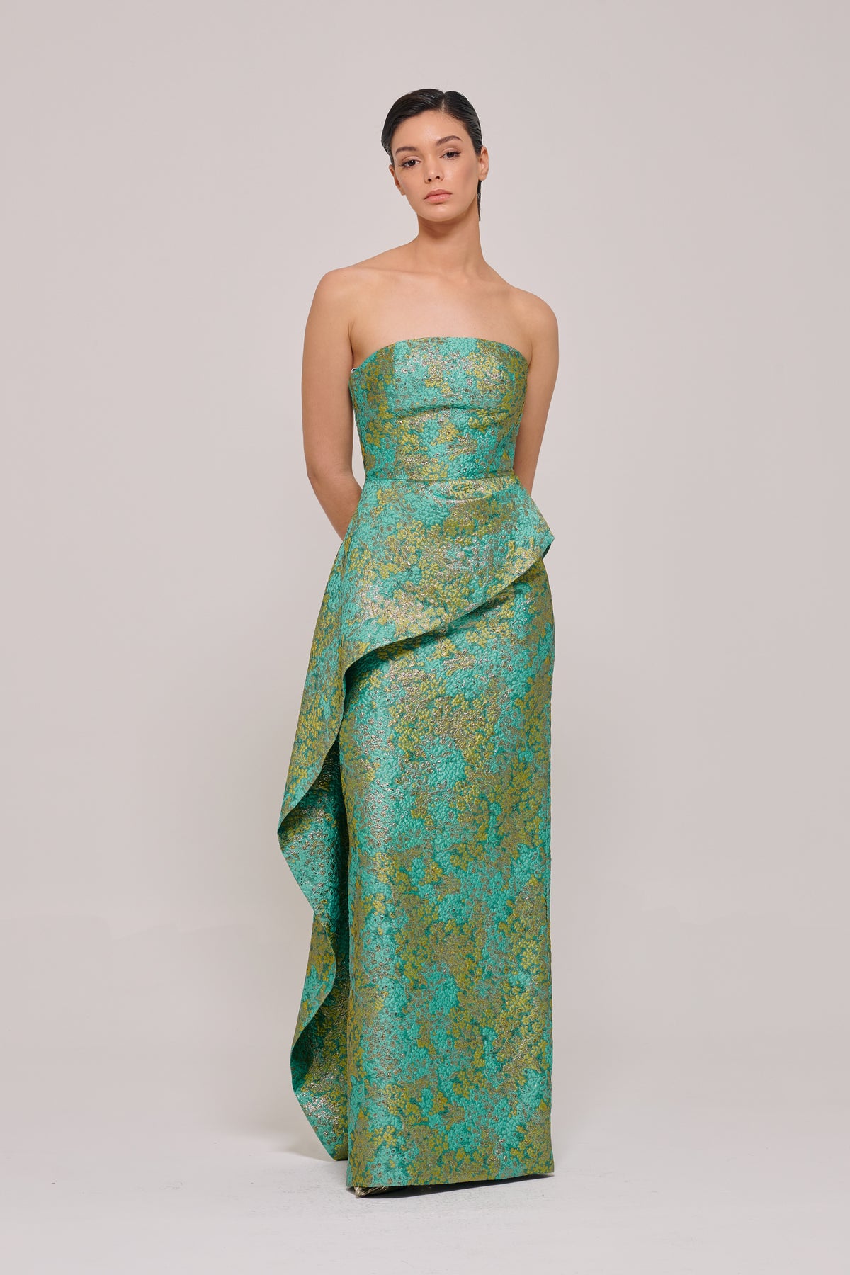 Strapless Floral Green Dress with A-Side Panel