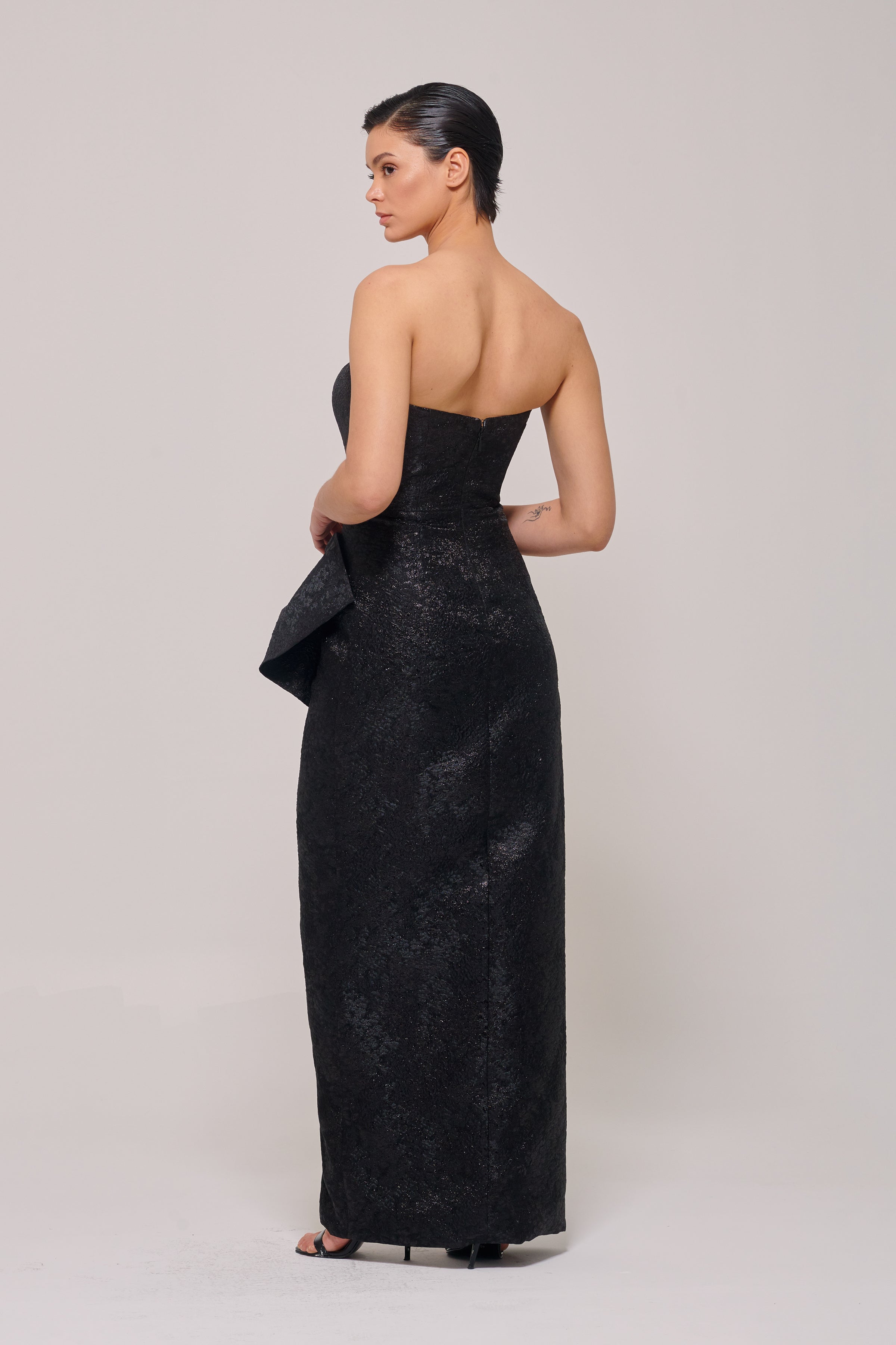 Draped Bow Detail Strapless Black Column Dress – John Paul Ataker Draped Bow Detail Strapless Black Column Dress – John Paul Ataker
