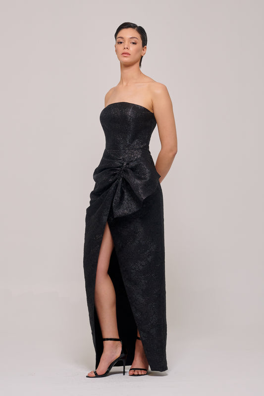 Draped Bow Detail Strapless Black Column Dress