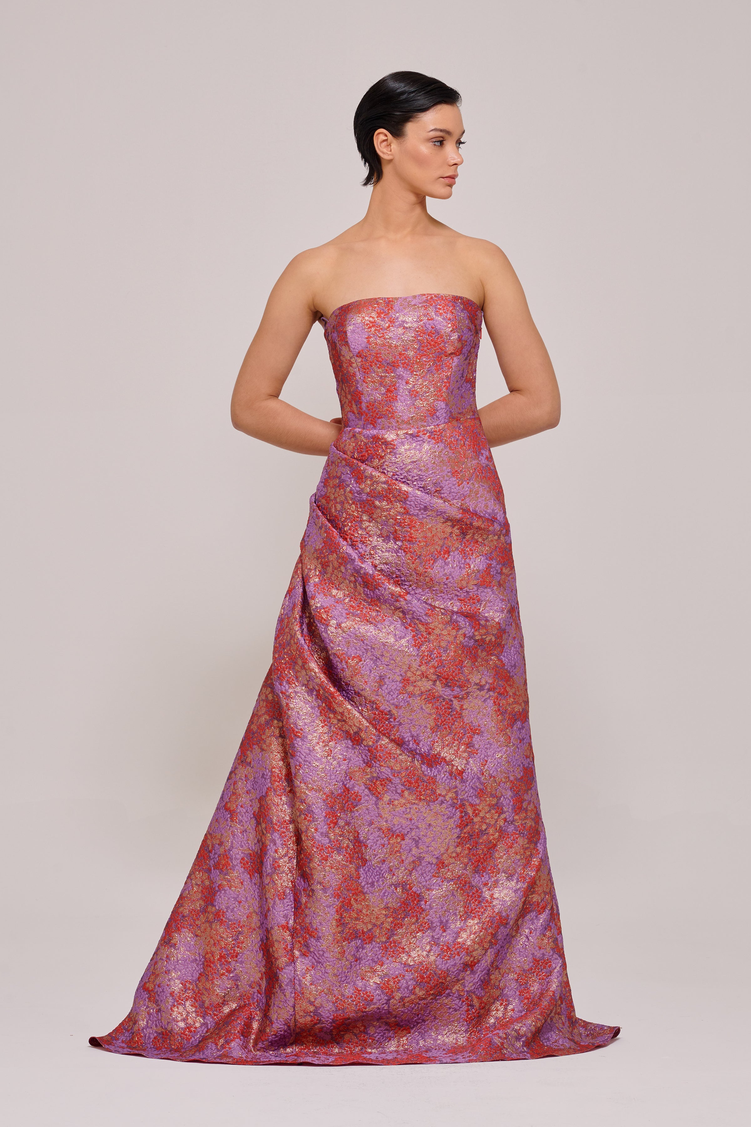 Layered Hem Gown with Metallic Floral Jacquard