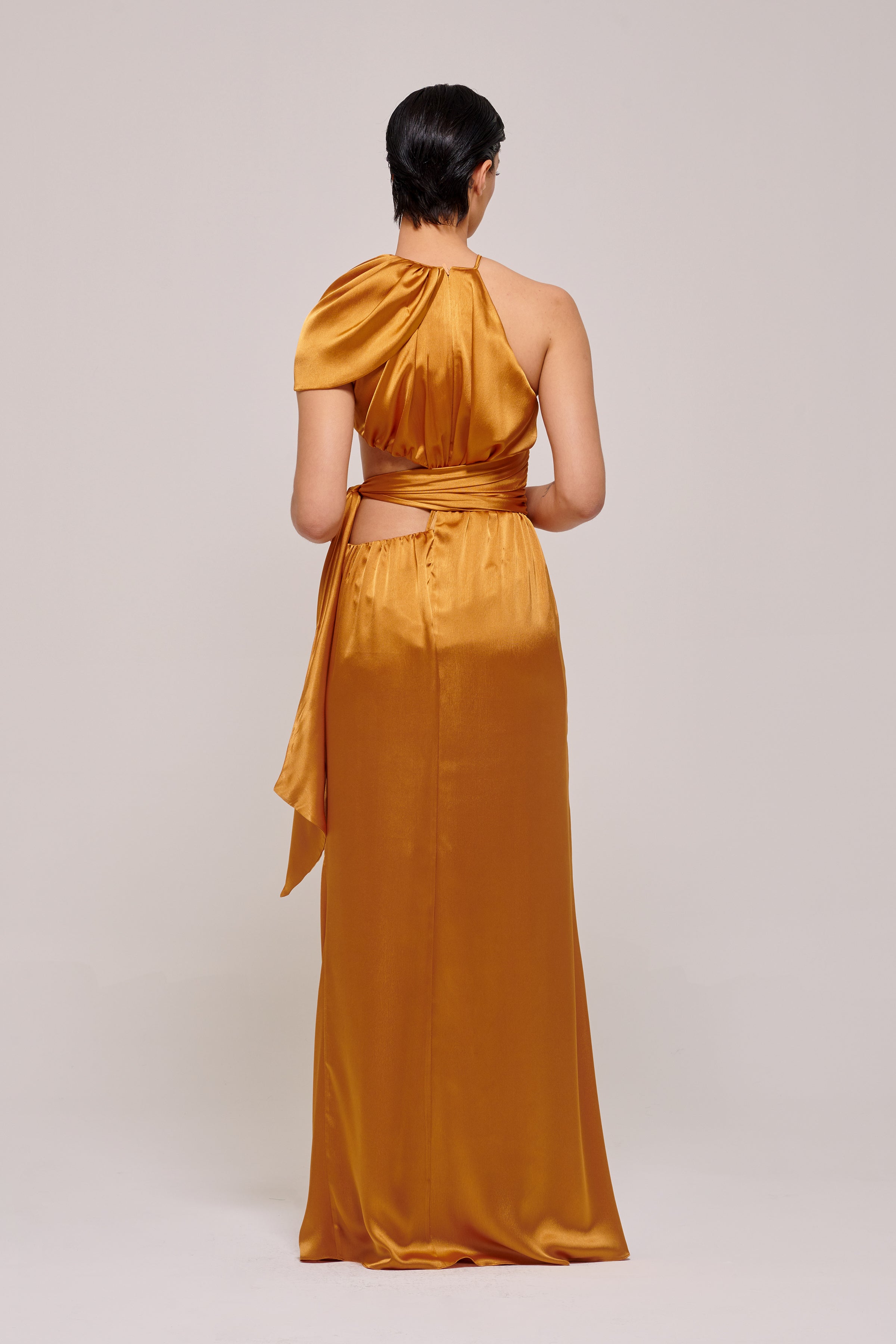 Ruched Silhouette Cutout Detail Orange Long Satin Gown John Paul Ataker Ruched Silhouette Cutout Detail Orange Long Satin Gown John Paul Ataker
