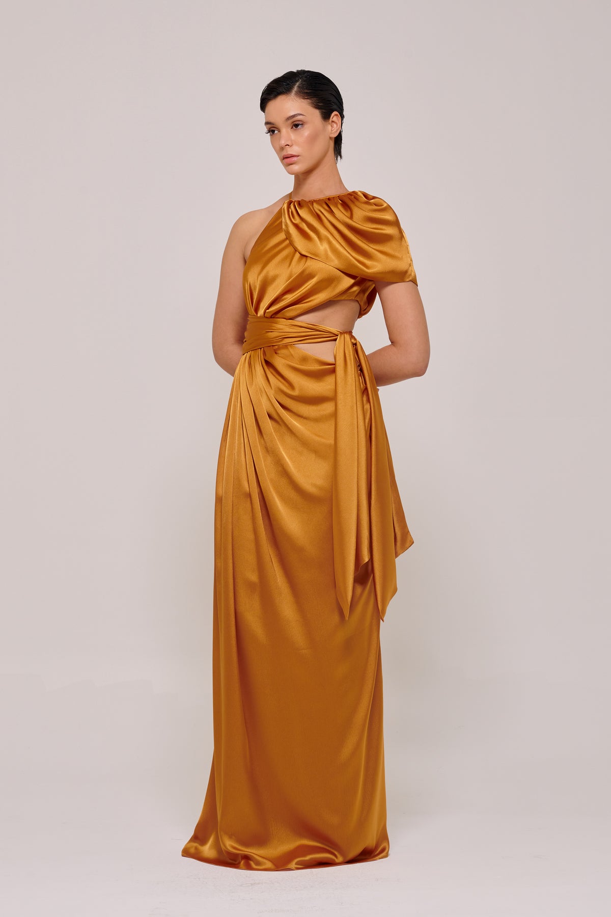 Ruched Silhouette Cutout Detail Orange Long Satin Gown