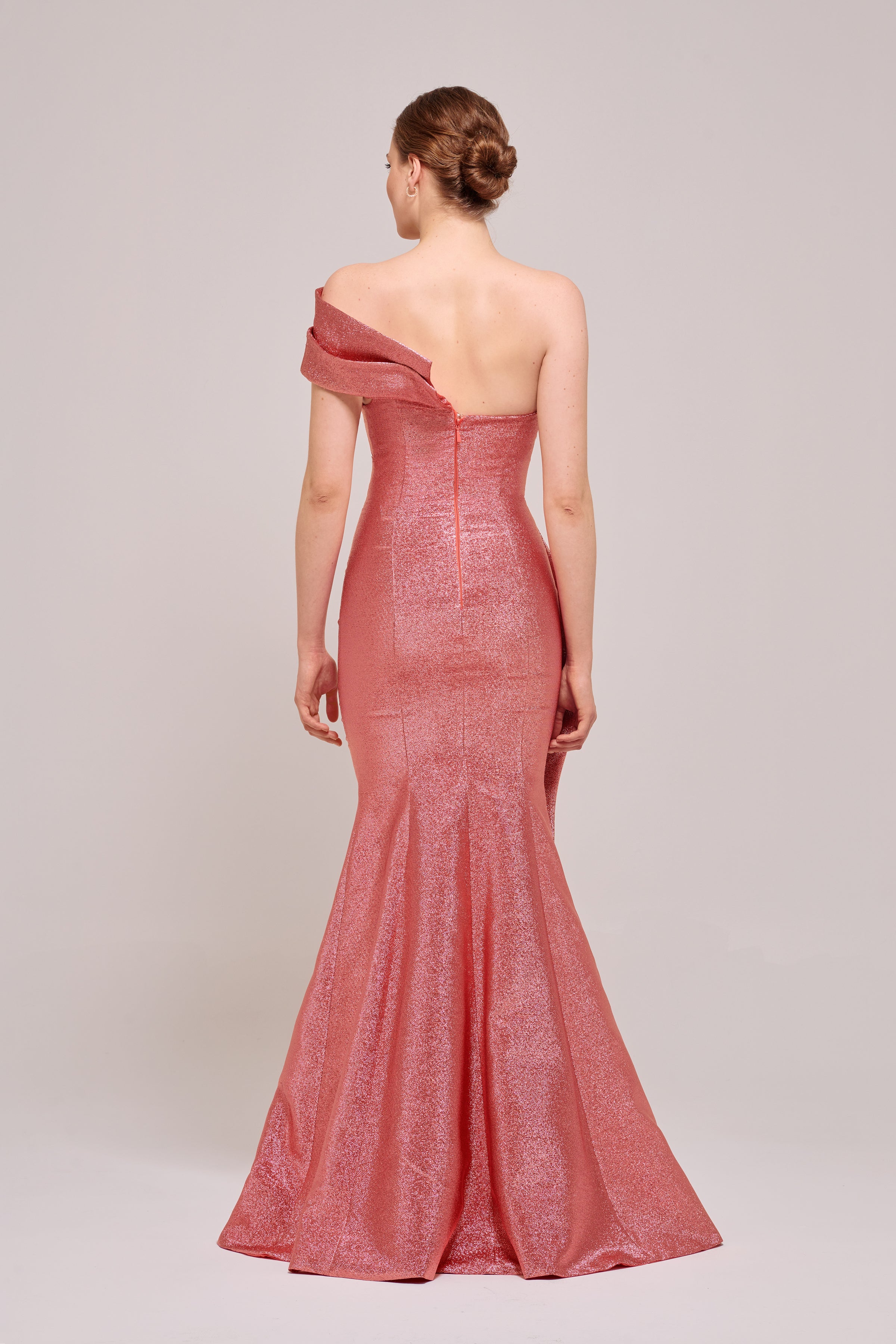 One Shoulder Ruffled Coral Color Mermaid Gown Green One Shoulder Ruffled Coral Color Mermaid Gown Green