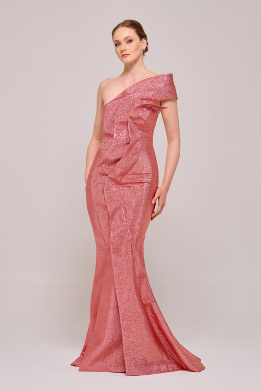 One Shoulder Ruffled Coral Color Mermaid Gown