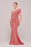 One Shoulder Ruffled Coral Color Mermaid Gown