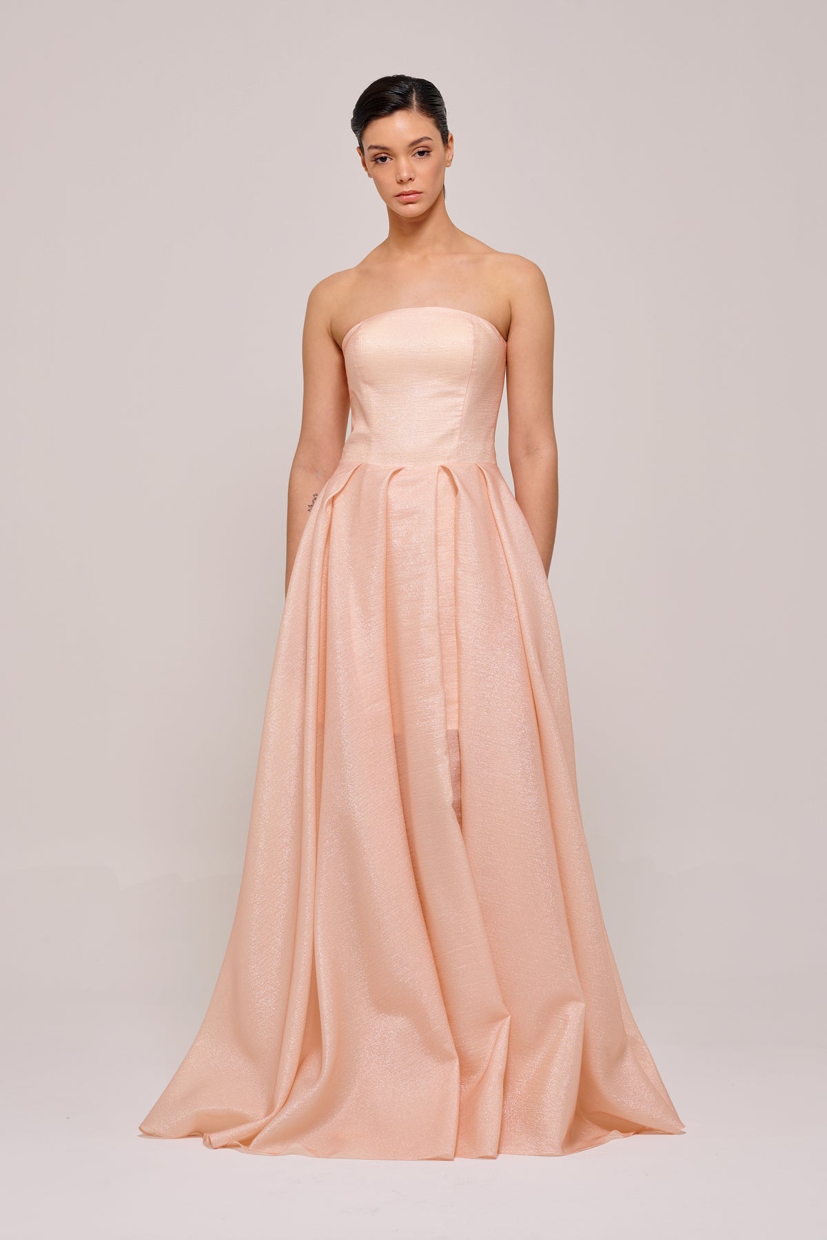 Strapless Pleated Long Blush Dress