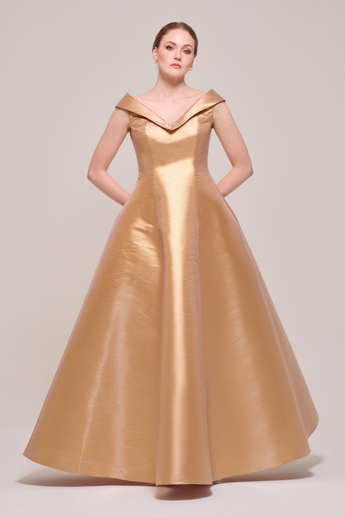 Bronze Surplice Off The Shoulder Portrait Neck Gown