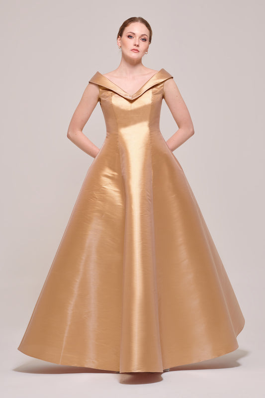 Bronze Surplice Off The Shoulder Portrait Neck Gown