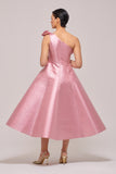 One Asymmetric Sleeve Detail Bright Pink Midi Dress