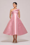 One Asymmetric Sleeve Detail Bright Pink Midi Dress