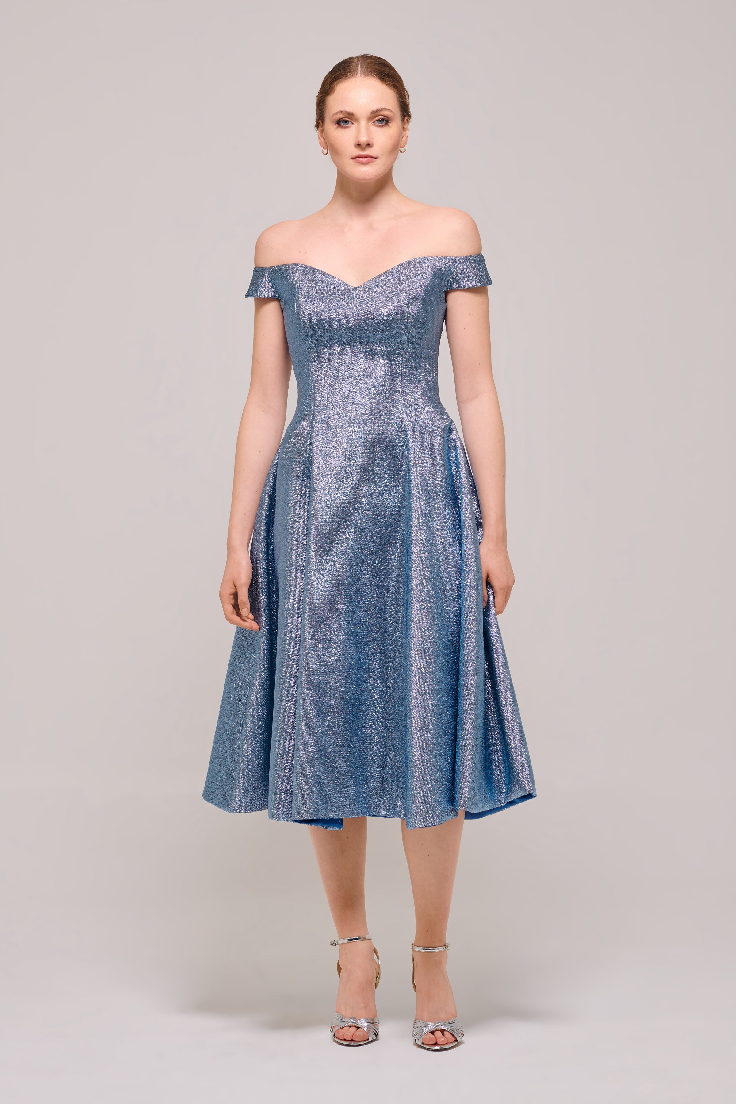 Midi Length Off The Shoulder Blue Jacquard Dress