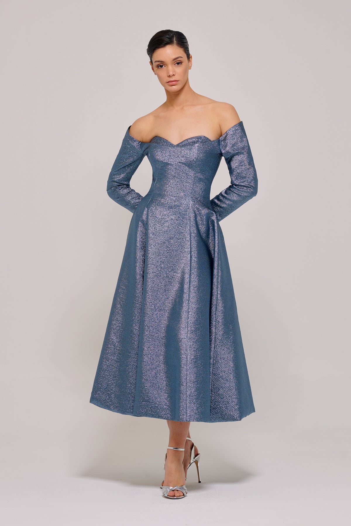 Long Sleeve Metallic Jacquard Midi Length Blue Dress