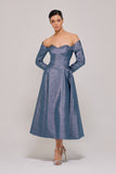 Long Sleeve Metallic Jacquard Midi Length Blue Dress