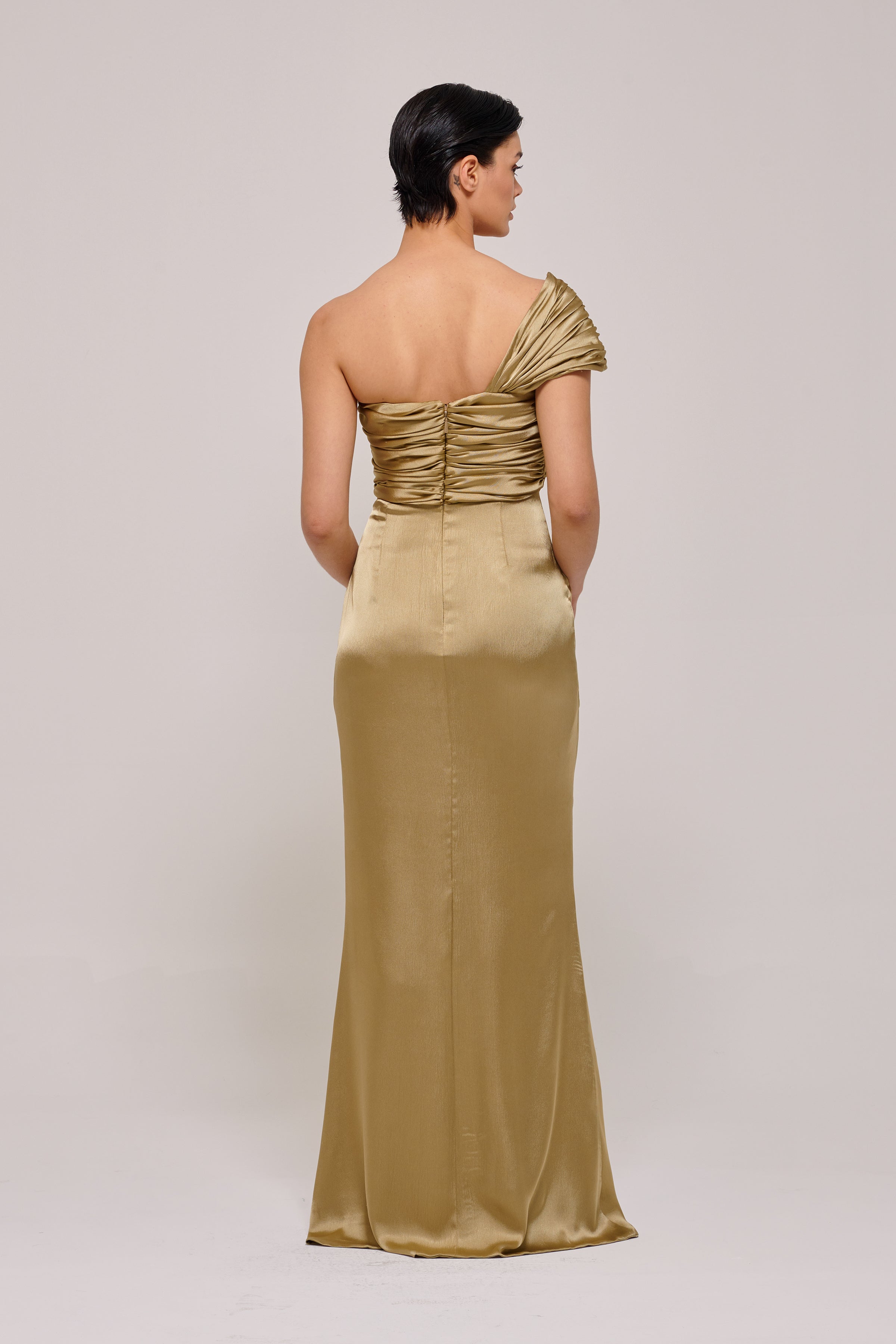 One Shoulder Draped Silk-Satin Gown
