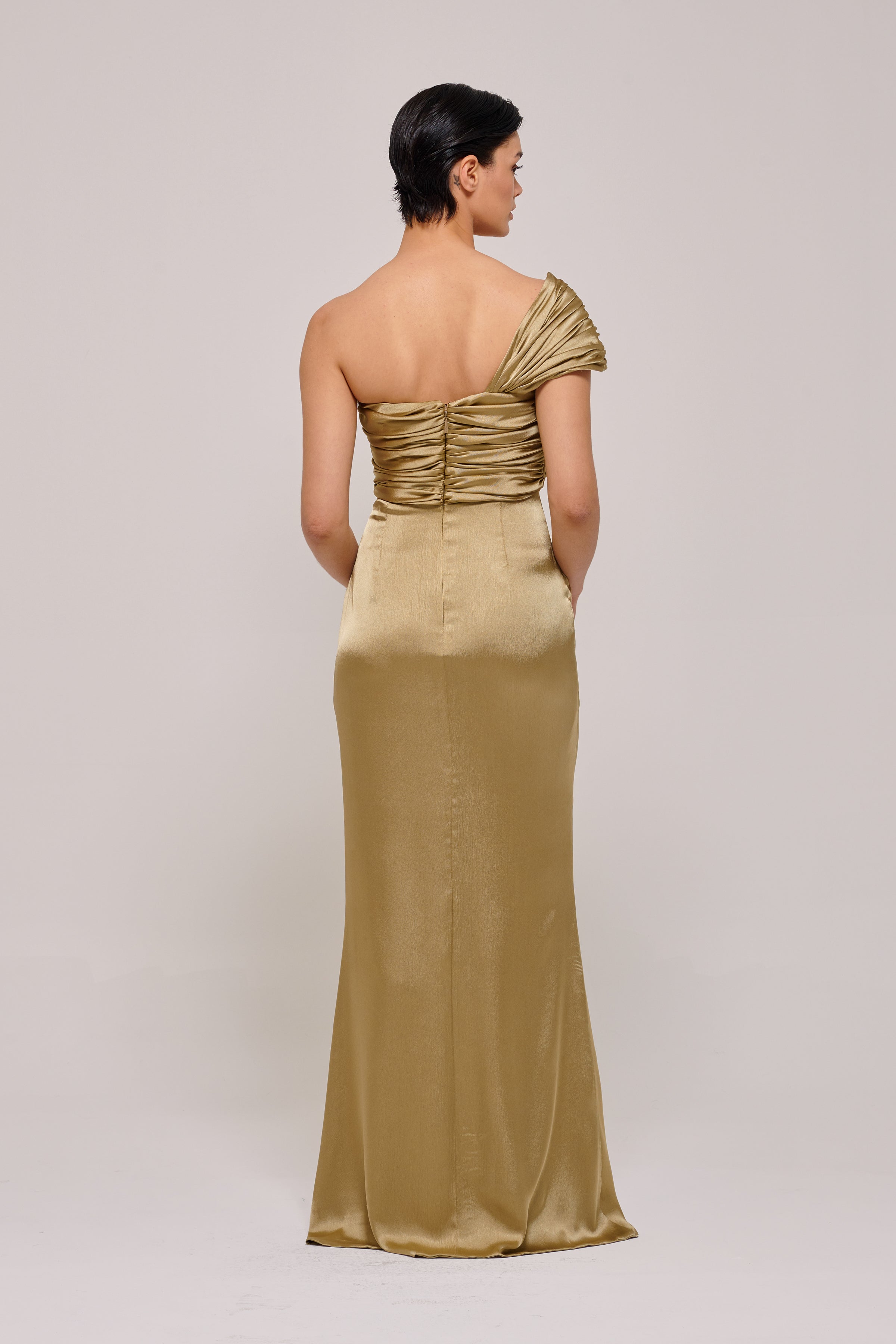 One Shoulder Draped Silk-Satin Gown Vermilion One Shoulder Draped Silk-Satin Gown Vermilion