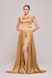 Two Pieces Silk Satin Gold Top and Overlay Skirt