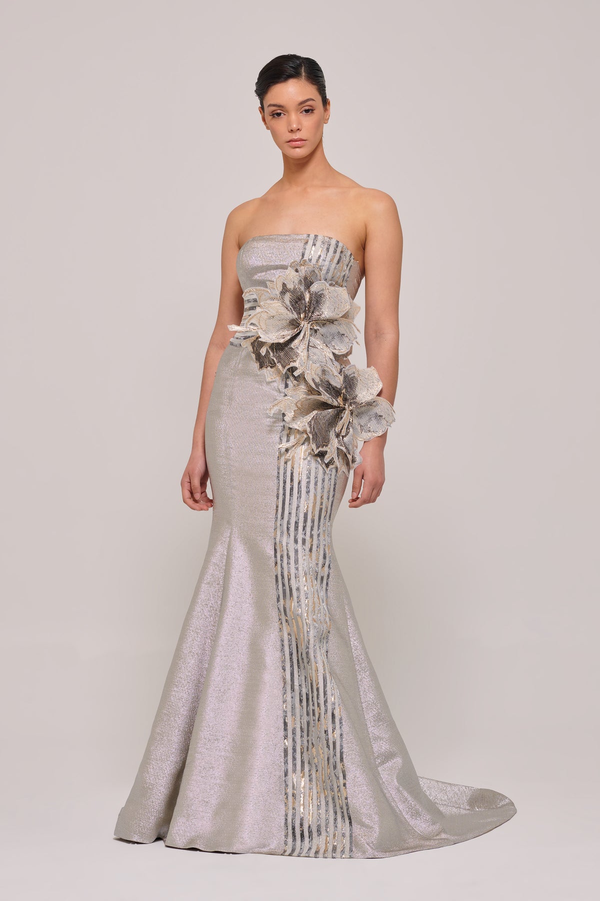3D Flowers Appliqués Detail Strapless Gown