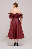 Ruffled Sleeve Bordo Midi Length Dress
