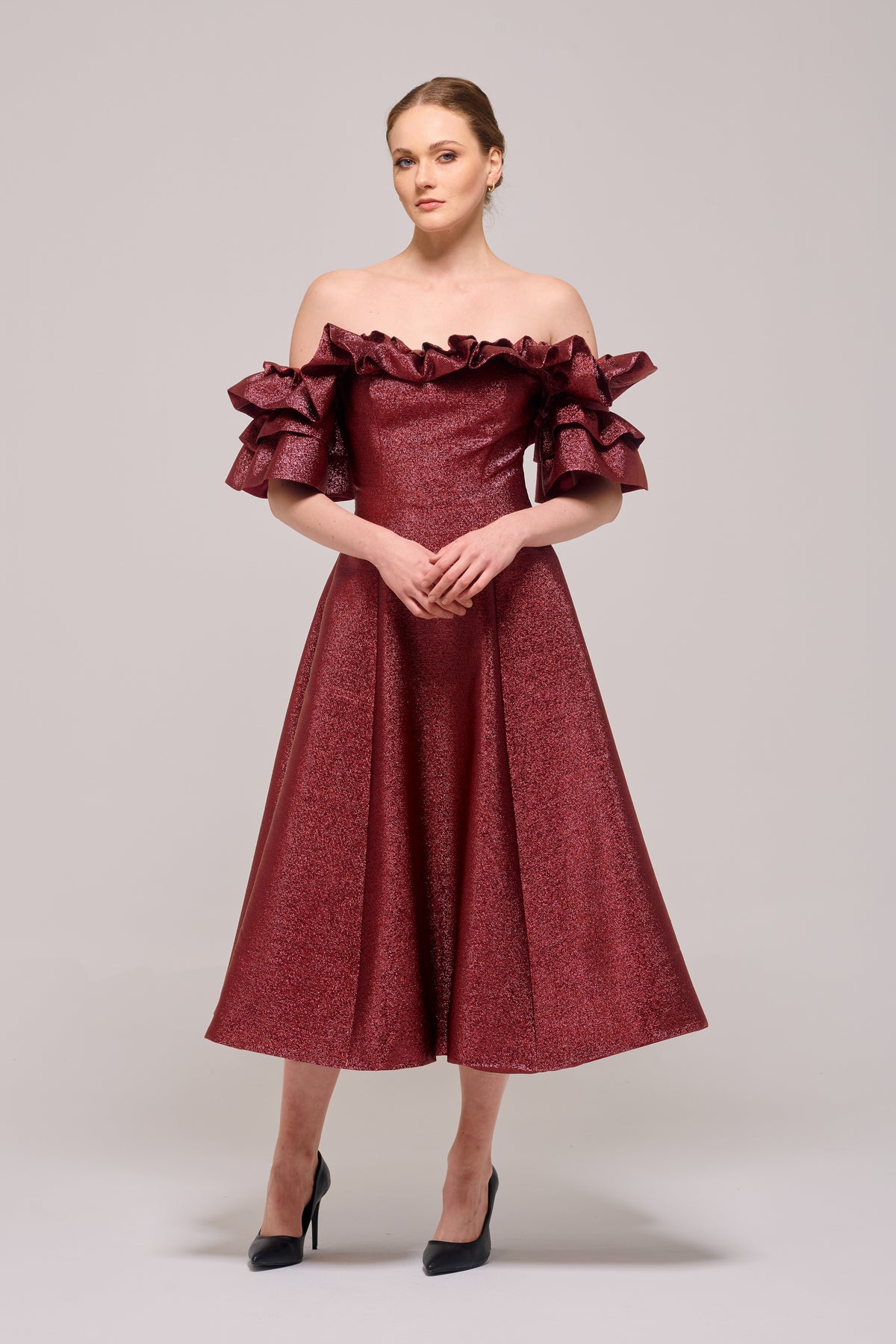 Ruffled Sleeve Bordo Midi Length Dress