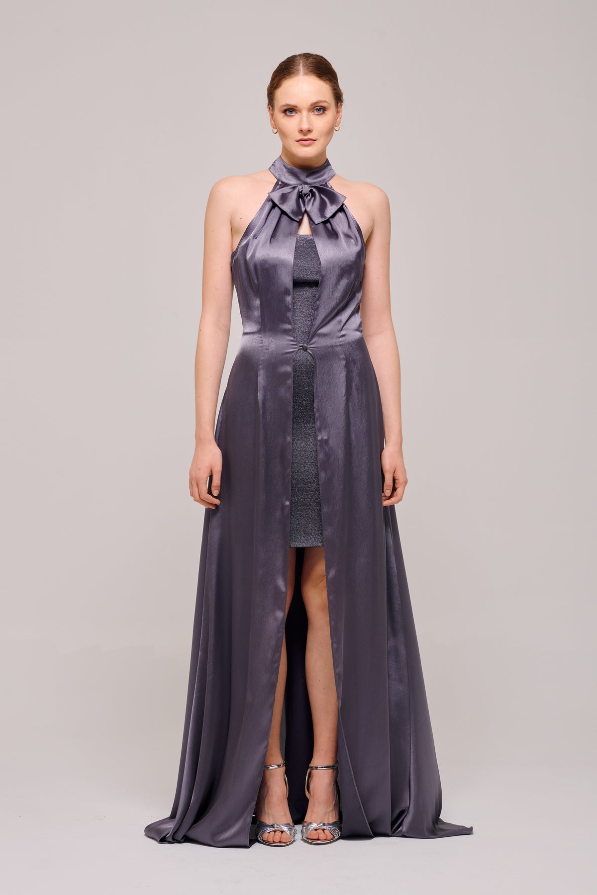 Halter Neck Detail Mini Overlay Silk Satin Dress with Cloak