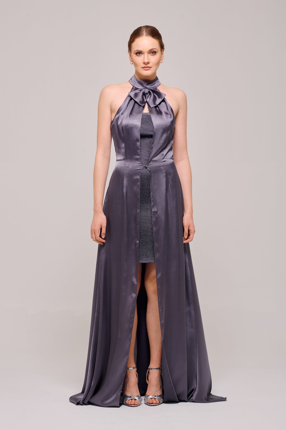 Halter Neck Detail Mini Overlay Silk Satin Dress with Cloak John Paul Ataker Halter Neck Detail Mini Overlay Silk Satin Dress with Cloak John Paul Ataker