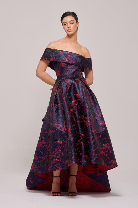 Asymmetric Off The Shoulder Long Floral Jacquard Gown